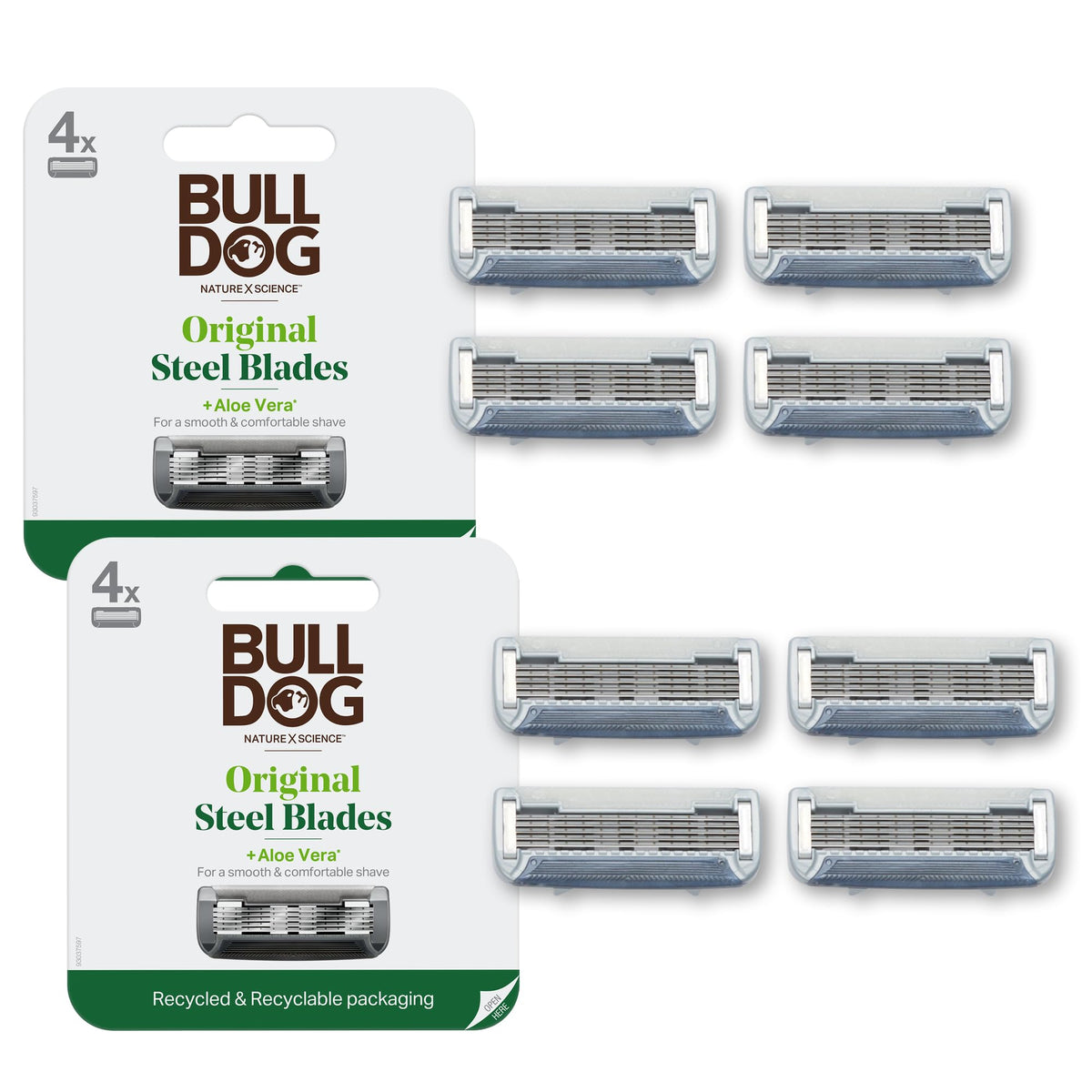 Bulldog front packaging showing 8 blade refills and clear labeling benefits