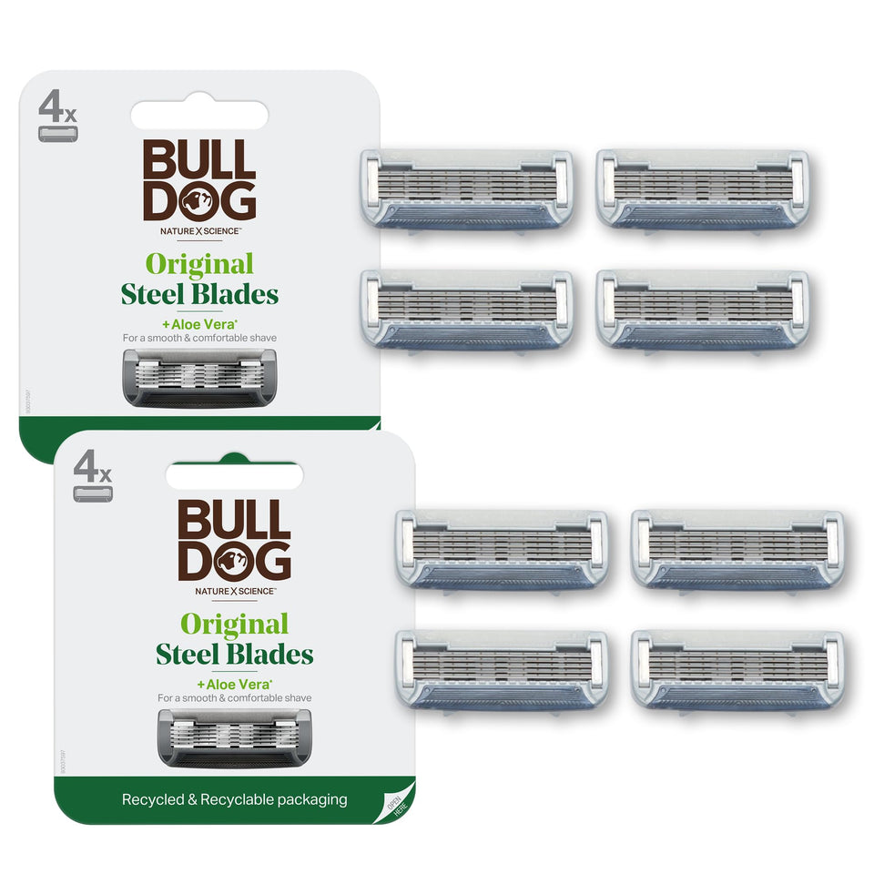 Bulldog front packaging showing 8 blade refills and clear labeling benefits