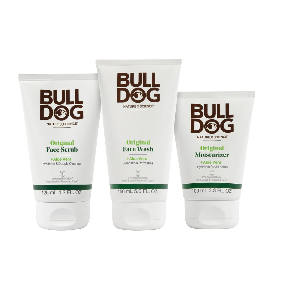 Bulldog Skincare for Men kit front packaging showing three products and benefits