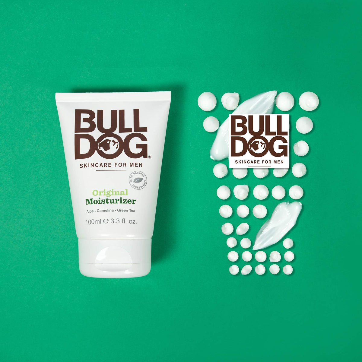 Bulldog Original jar next to grooming items showing practical size and travel readiness