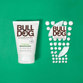 Bulldog Original jar next to grooming items showing practical size and travel readiness