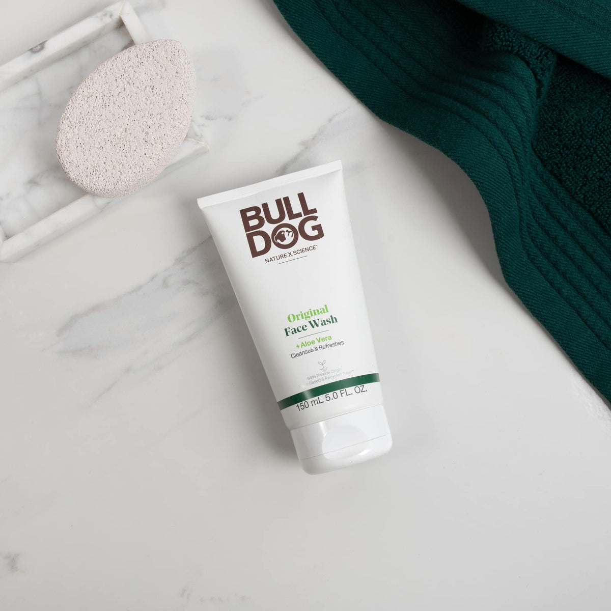 Bulldog products lineup on a bathroom shelf conveying routine cohesion