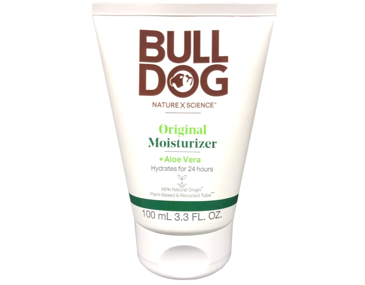 Bulldog Skincare moisturizer texture close-up highlighting lightweight, non-greasy cream with aloe vera for soothing hydration
