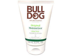 Bulldog Skincare moisturizer texture close-up highlighting lightweight, non-greasy cream with aloe vera for soothing hydration