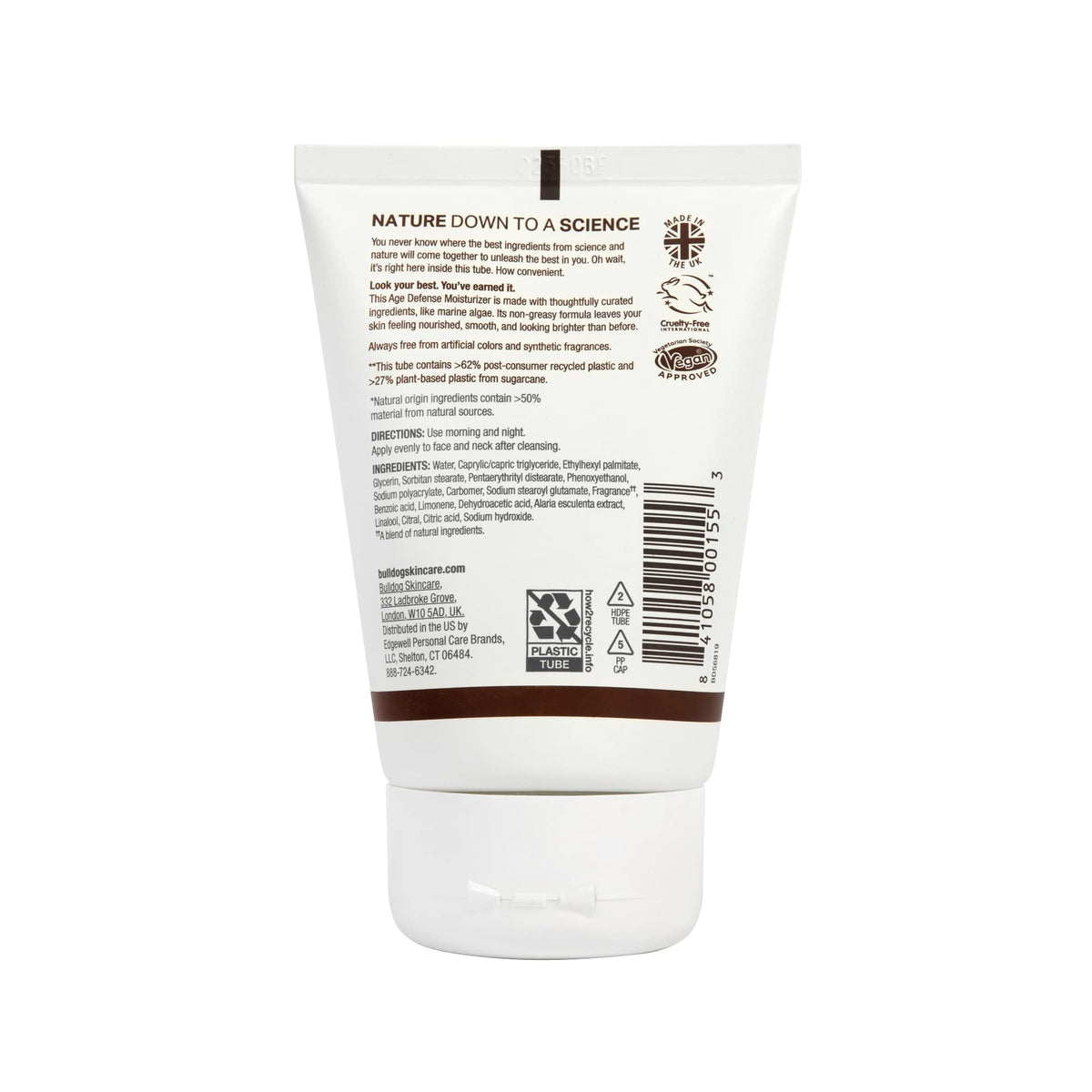 Bulldog tube label closeup highlighting antioxidant complex and ingredient clarity