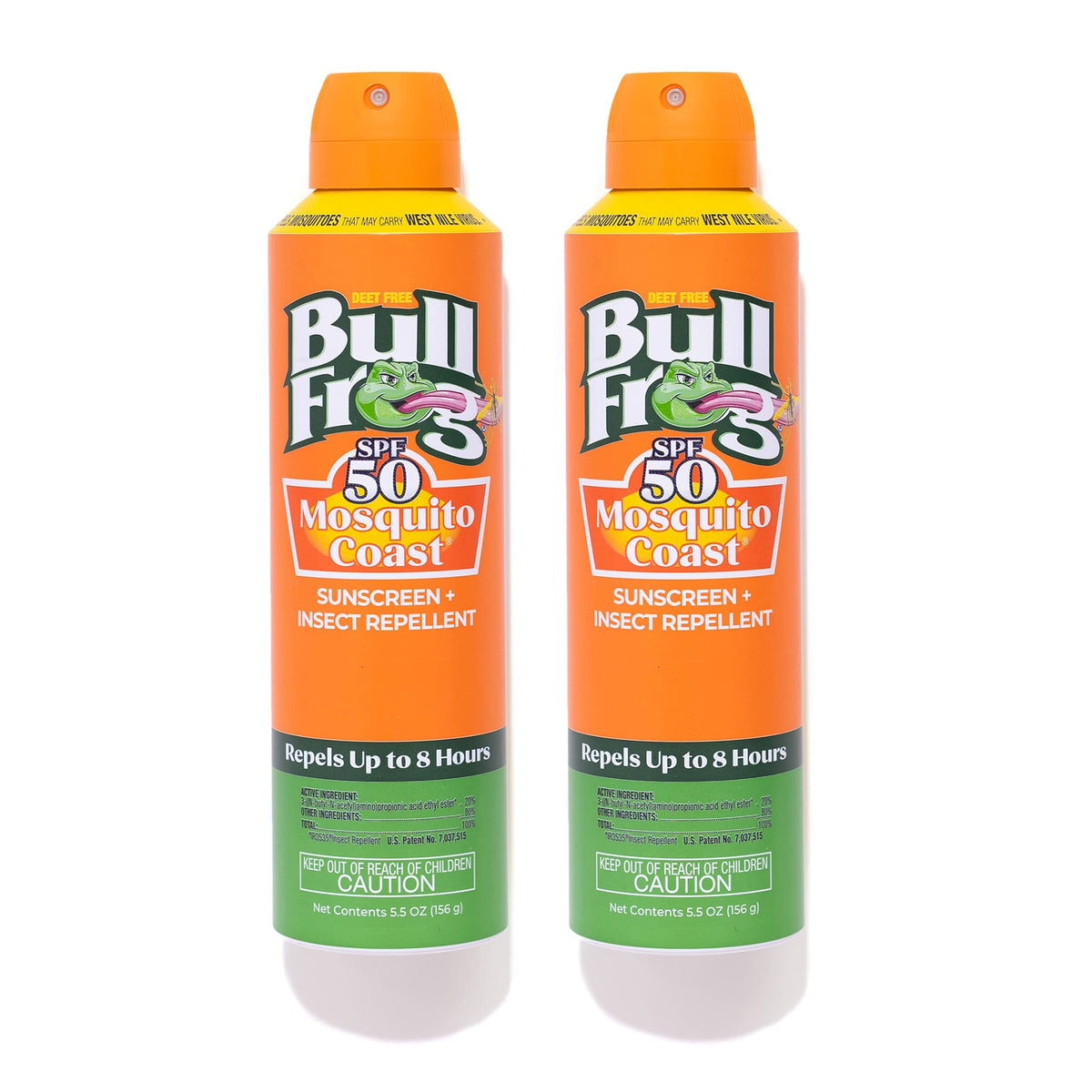 Bullfrog front packaging showing SPF50 and 2-in-1 benefit for outdoor protection