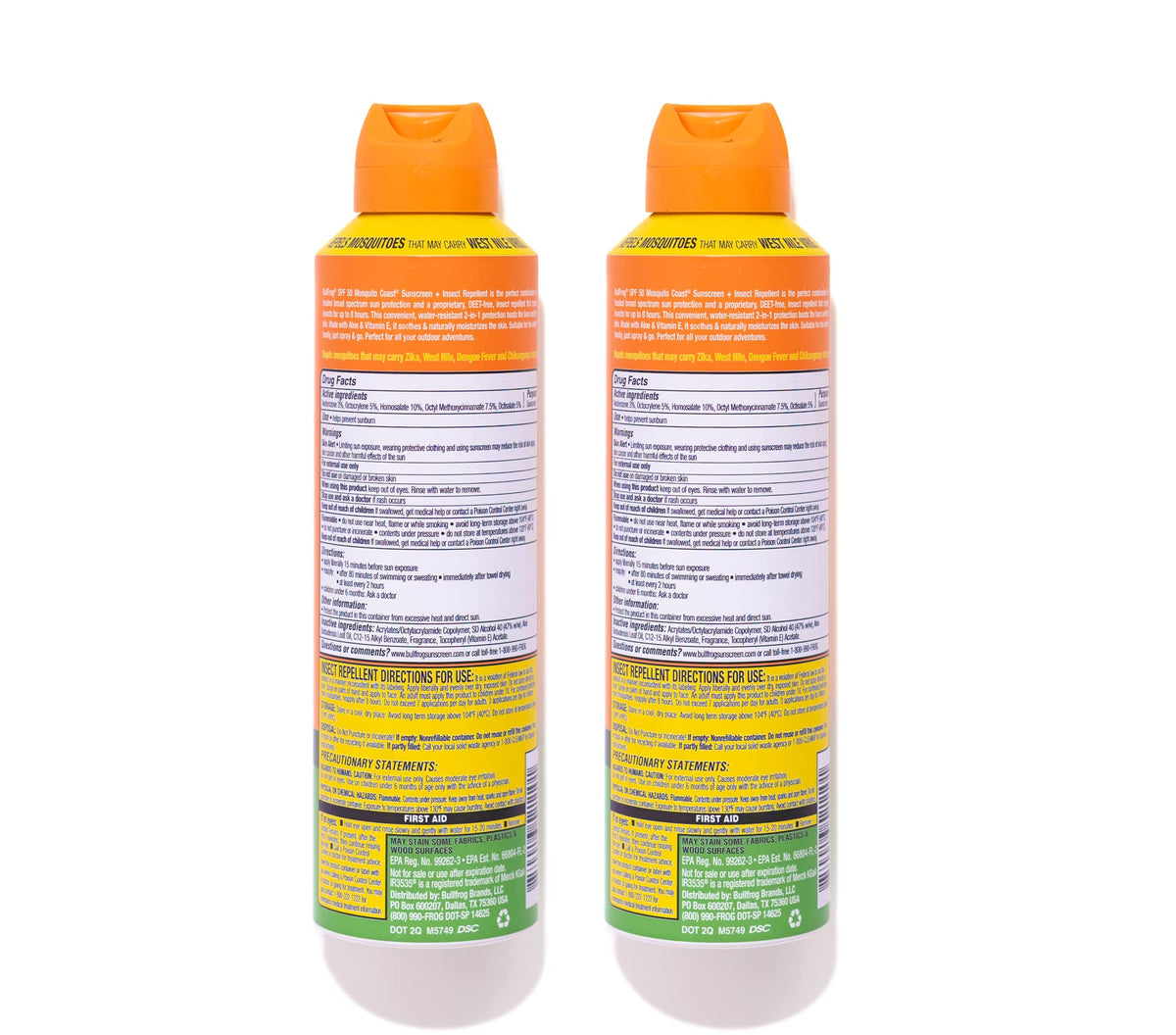 Bullfrog label close-up highlighting DEET-free, oxybenzone-free features and SPF50