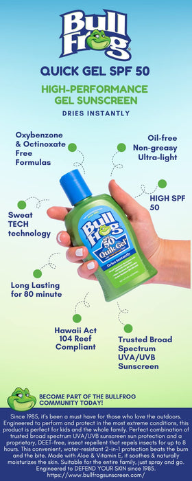 Bullfrog Quik Gel bottle in beach setting showing reef-compliant outdoor protection