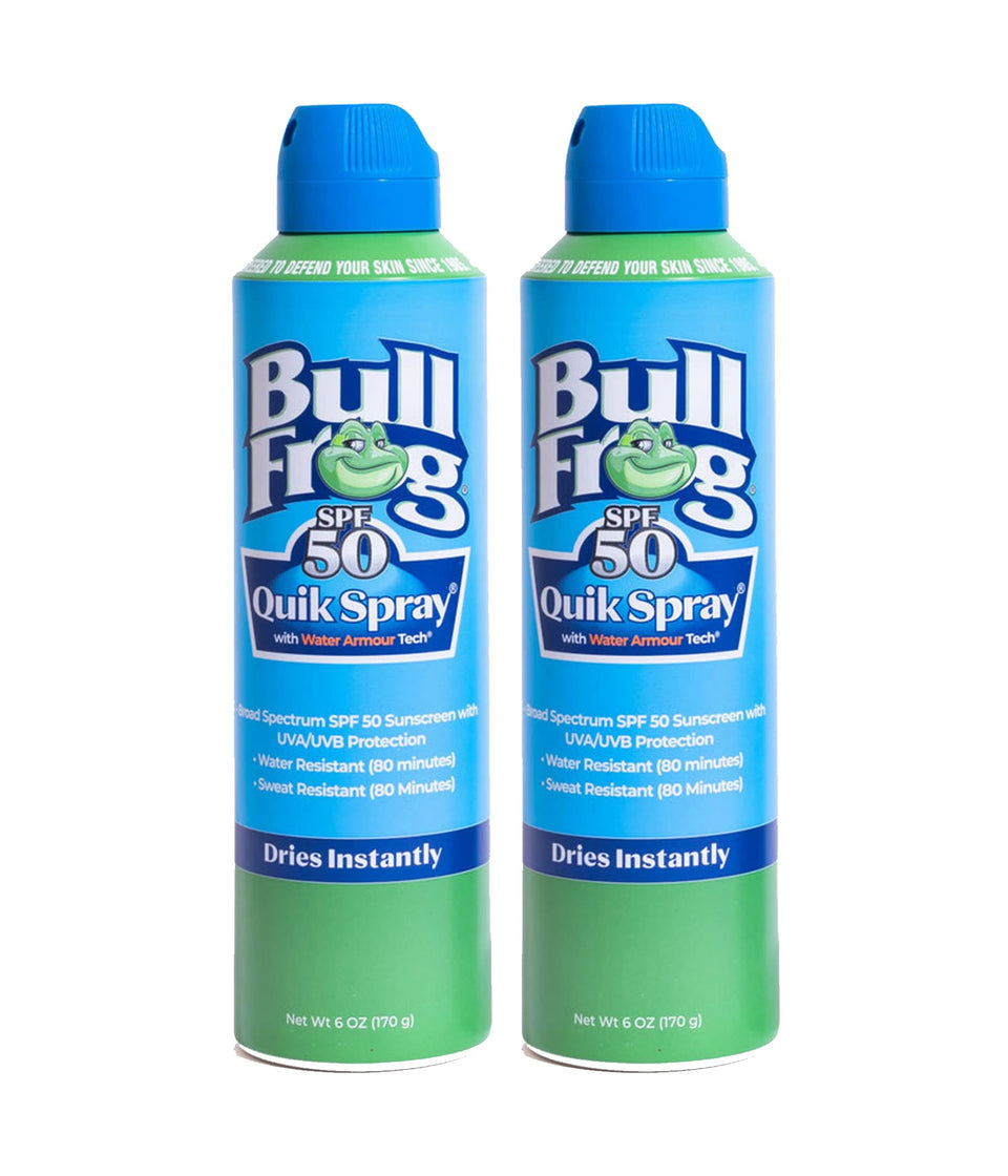 Bullfrog front packaging showing SPF 50 and two-pack convenience