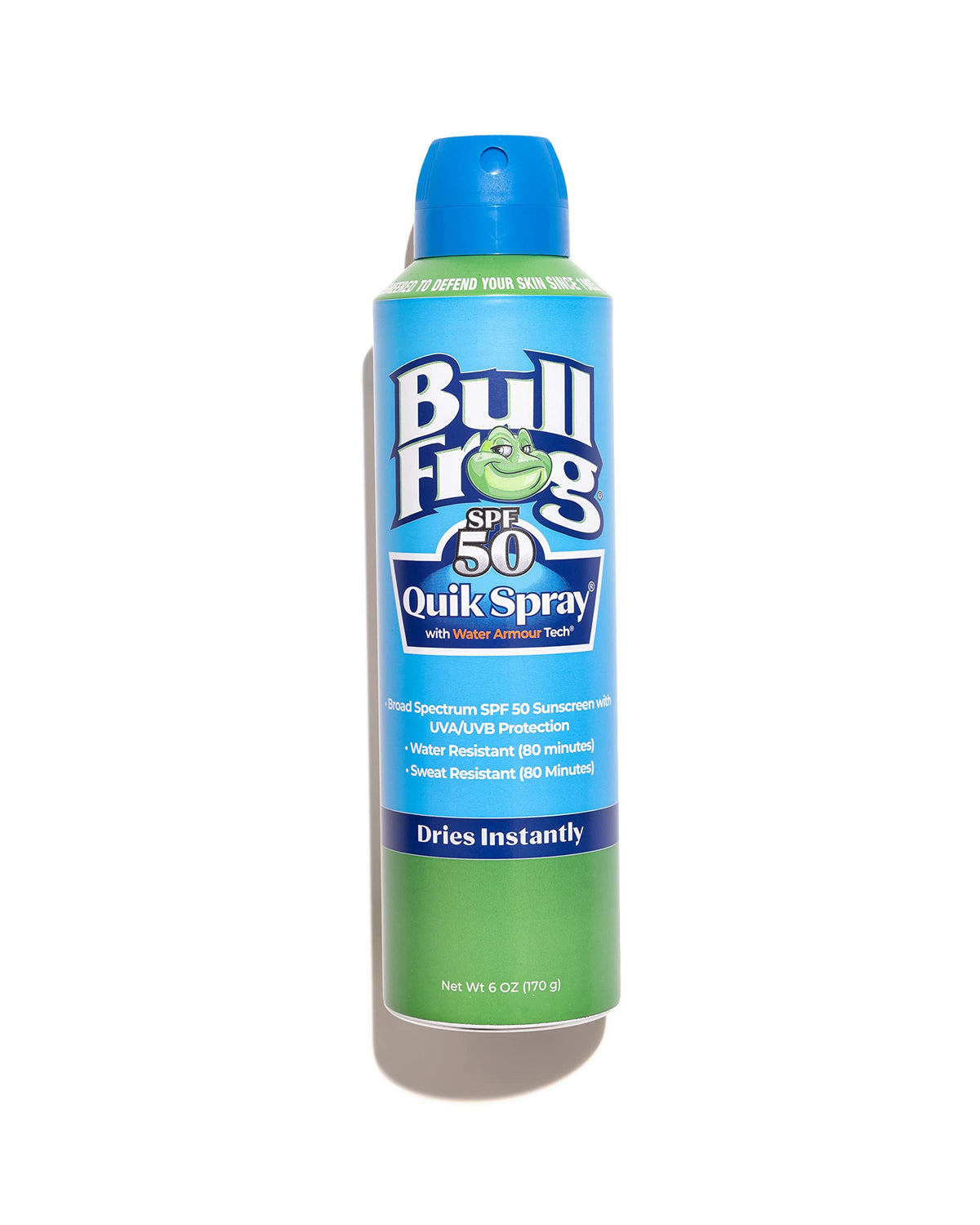 Bullfrog Quik Spray front packaging showing SPF 50 protection and benefits