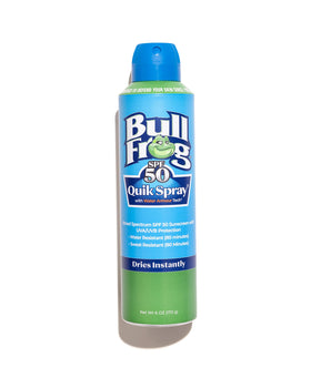 Bullfrog Quik Spray front packaging showing SPF 50 protection and benefits
