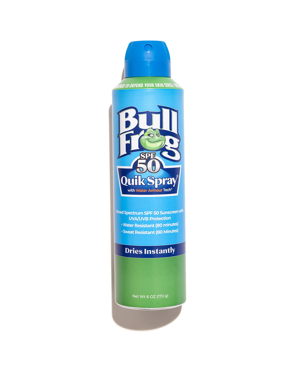 Bullfrog Quik Spray front packaging showing SPF 50 protection and benefits