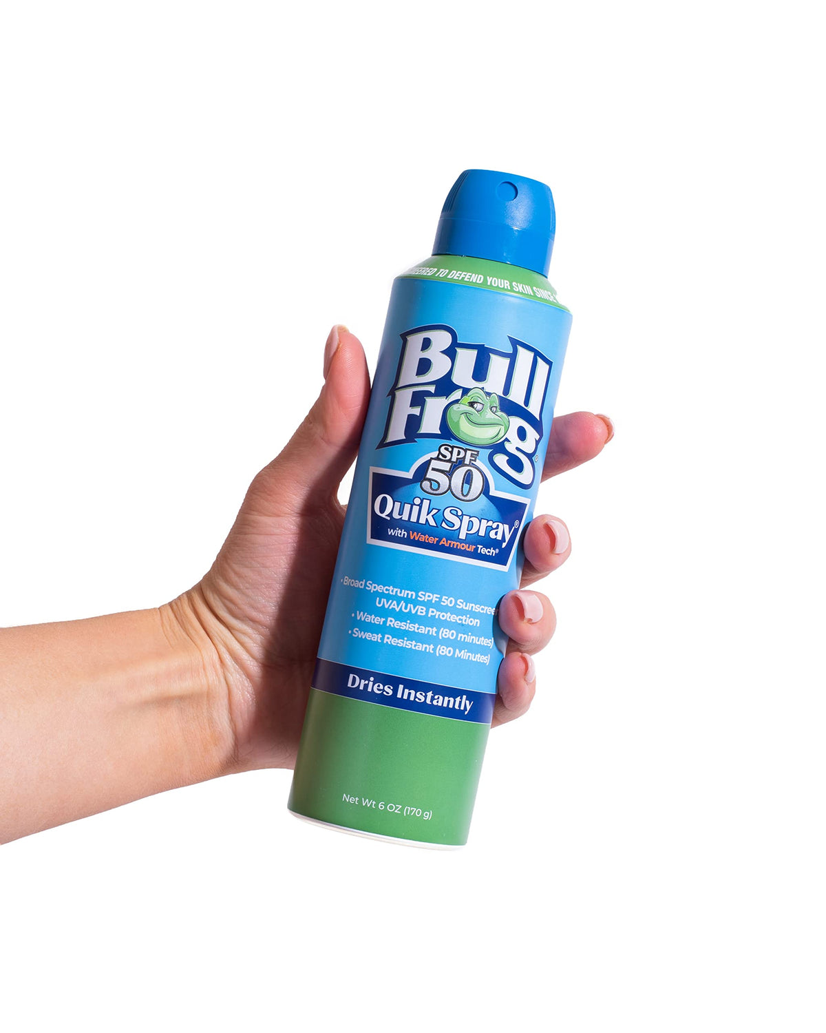 Bullfrog Quik Spray being applied at beach for long-lasting water resistance