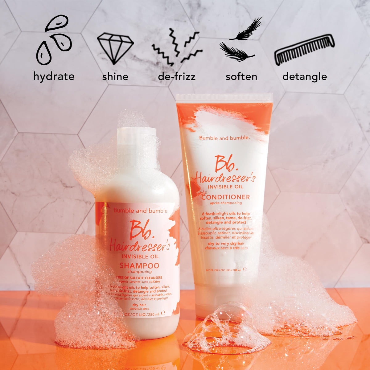 Bumble and bumble bottle next to ruler showing 8.5 fl oz scale benefit
