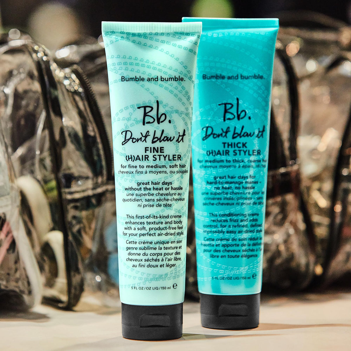 Bumble and bumble on bathroom shelf suggesting everyday styling routine