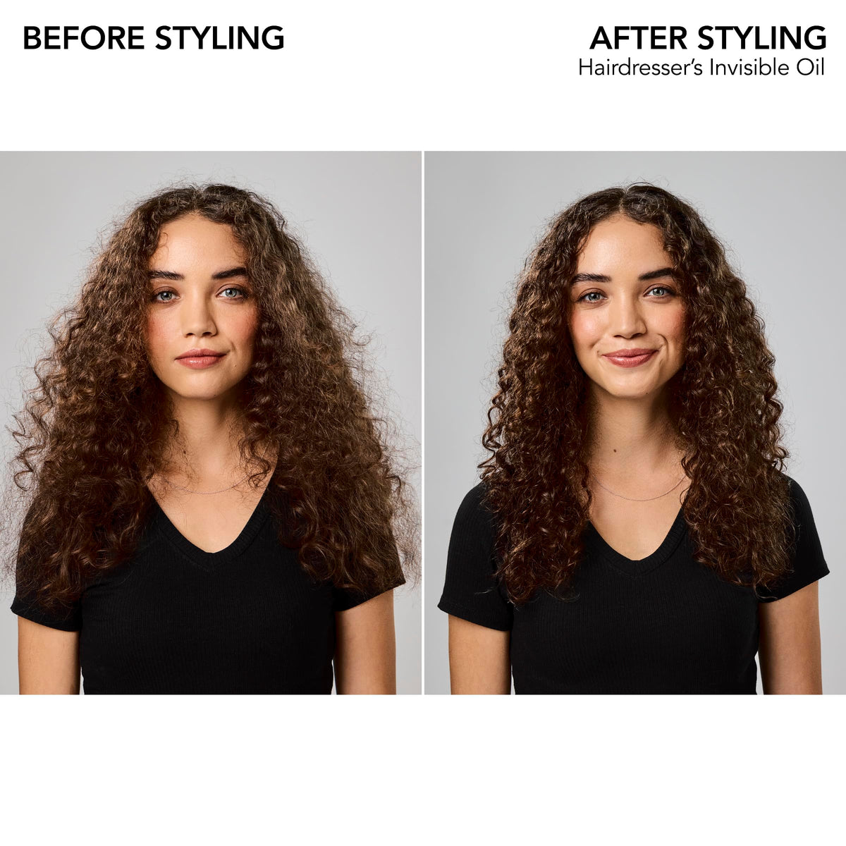 Bumble and bumble drops on hair strand showing frizz control and smoothing effect