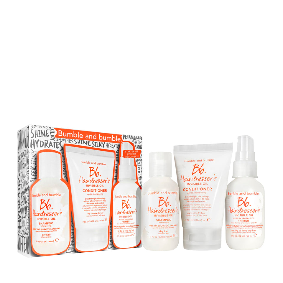 Bumble and bumble travel set front packaging showing three bottles and benefits