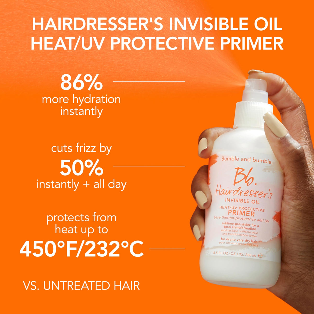 Bumble and bumble primer spray action on damp hair providing heat protection