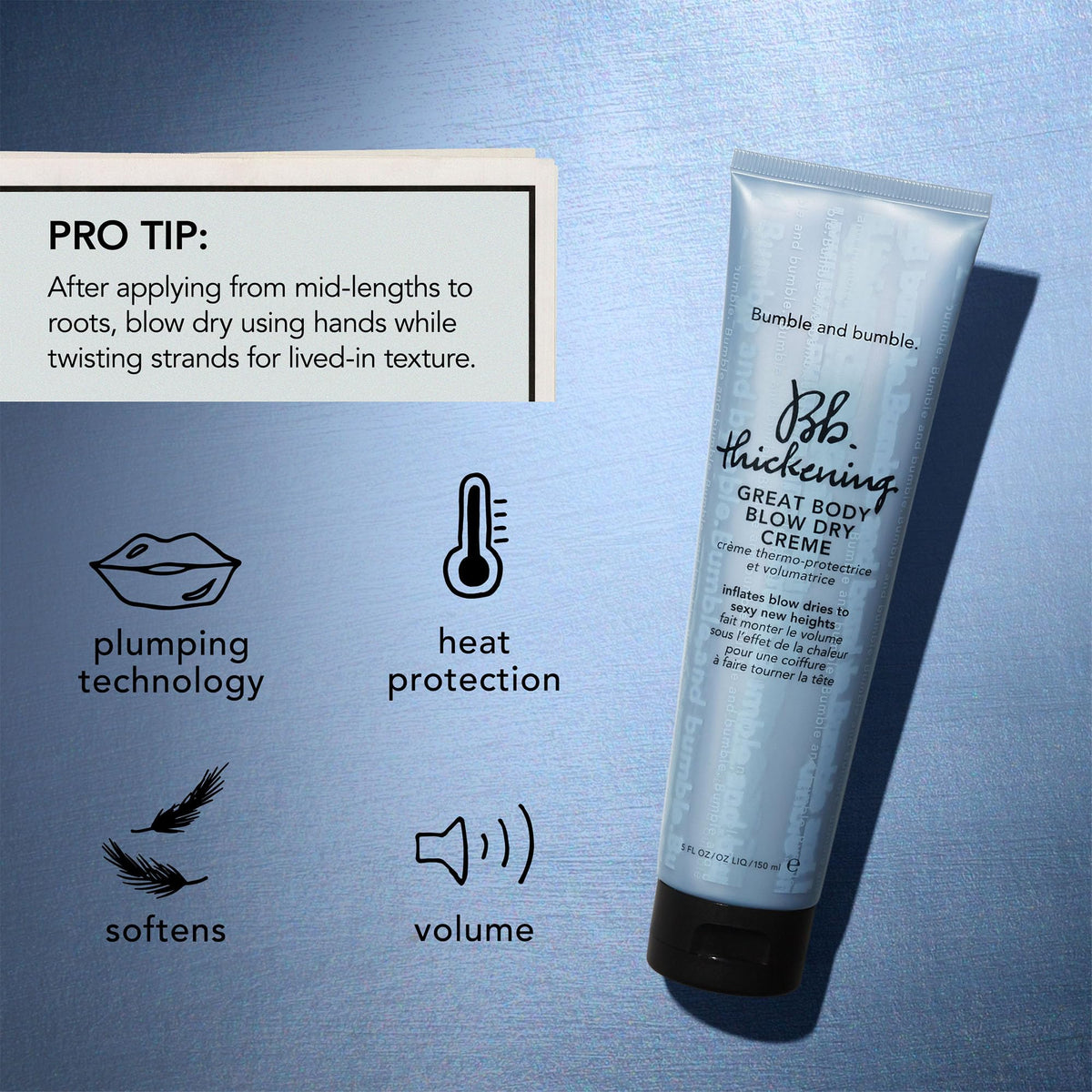 Bumble and bumble label highlighting Strand-Plumping Technology and benefits