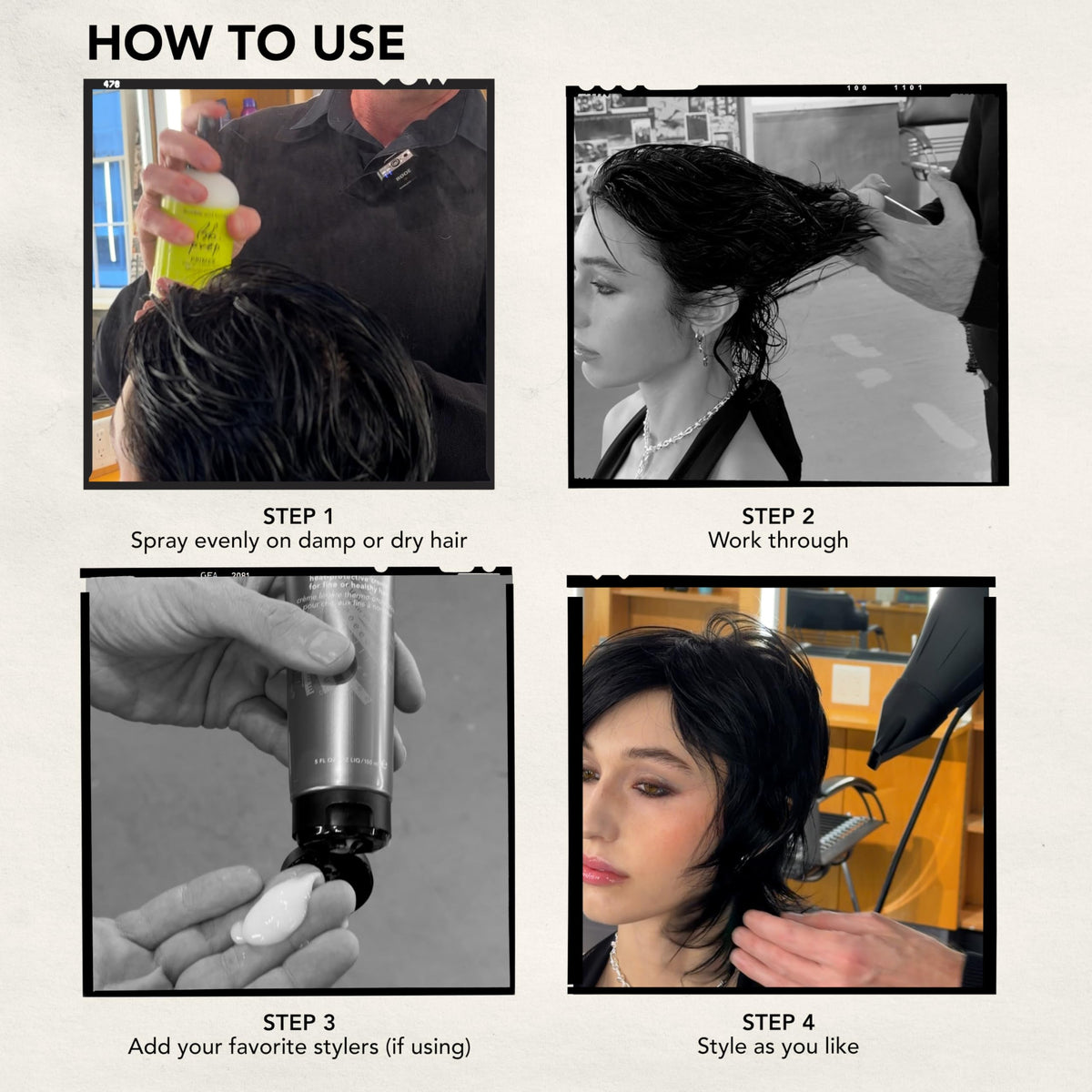 Bumble and bumble being sprayed on damp hair demonstrating detangling and refresh benefit