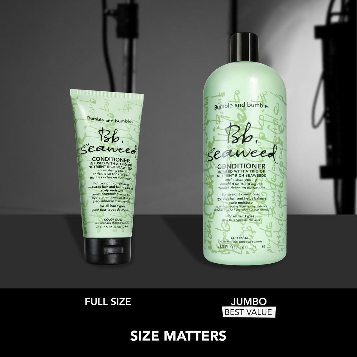 Bumble and bumble before and after hair shot demonstrating reduced frizz and smoother hair