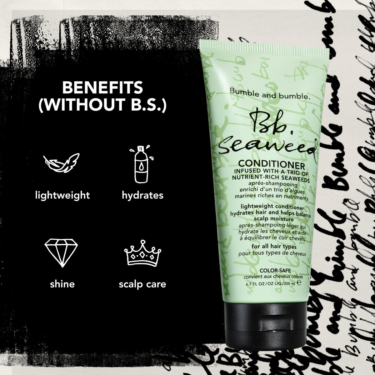 Bumble and bumble bottle next to a hand for scale showing travel-friendly standard size benefit