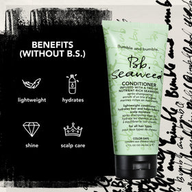 Bumble and bumble bottle next to a hand for scale showing travel-friendly standard size benefit