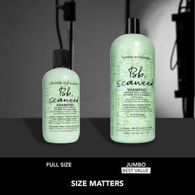 Bumble and bumble bottle styled on bathroom shelf for lifestyle appeal