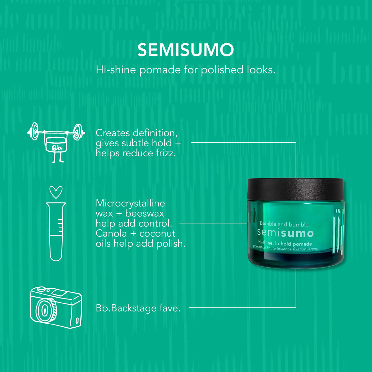 Bumble and bumble Semisumo before and after hair comparison showing increased definition and high shine