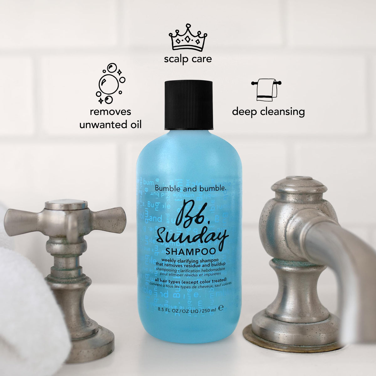 Bumble and bumble bottle beside 8.5 fl oz visual size comparison