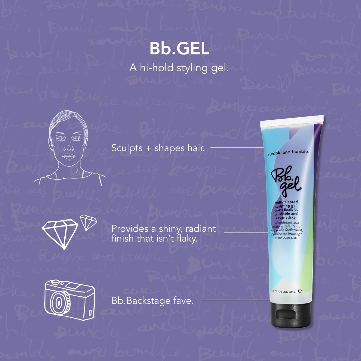 Bumble and bumble size with hand illustrating 5 fl oz portable styling control