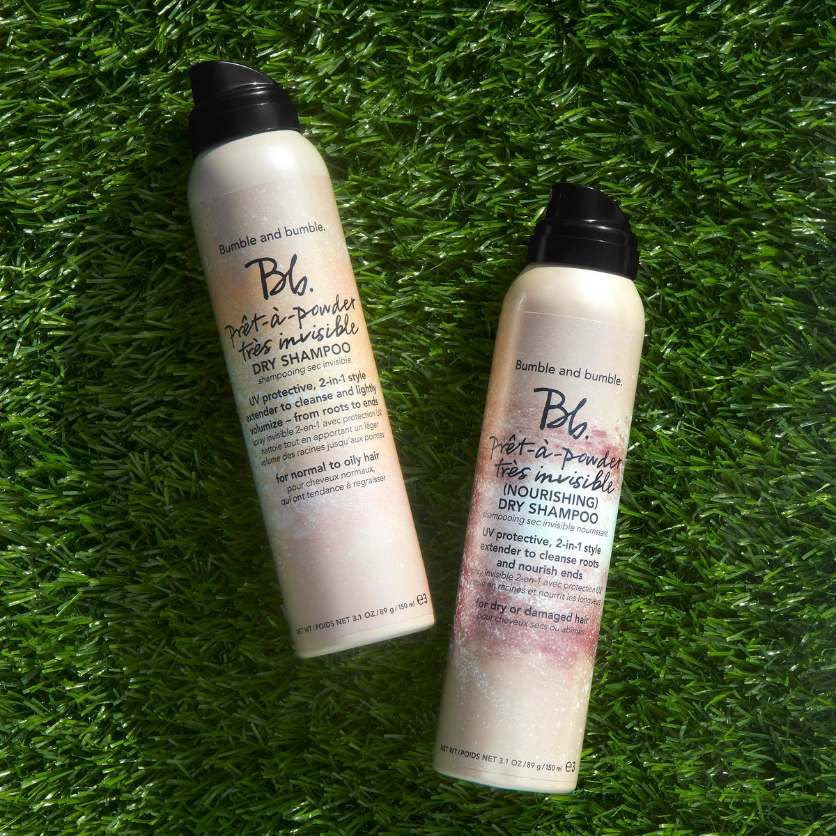 Bumble and bumble can held next to hand showing portable 3.1 oz size