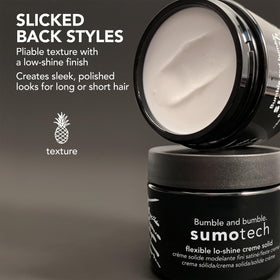 Bumble and bumble ingredient board featuring polymers for flexible hold benefits