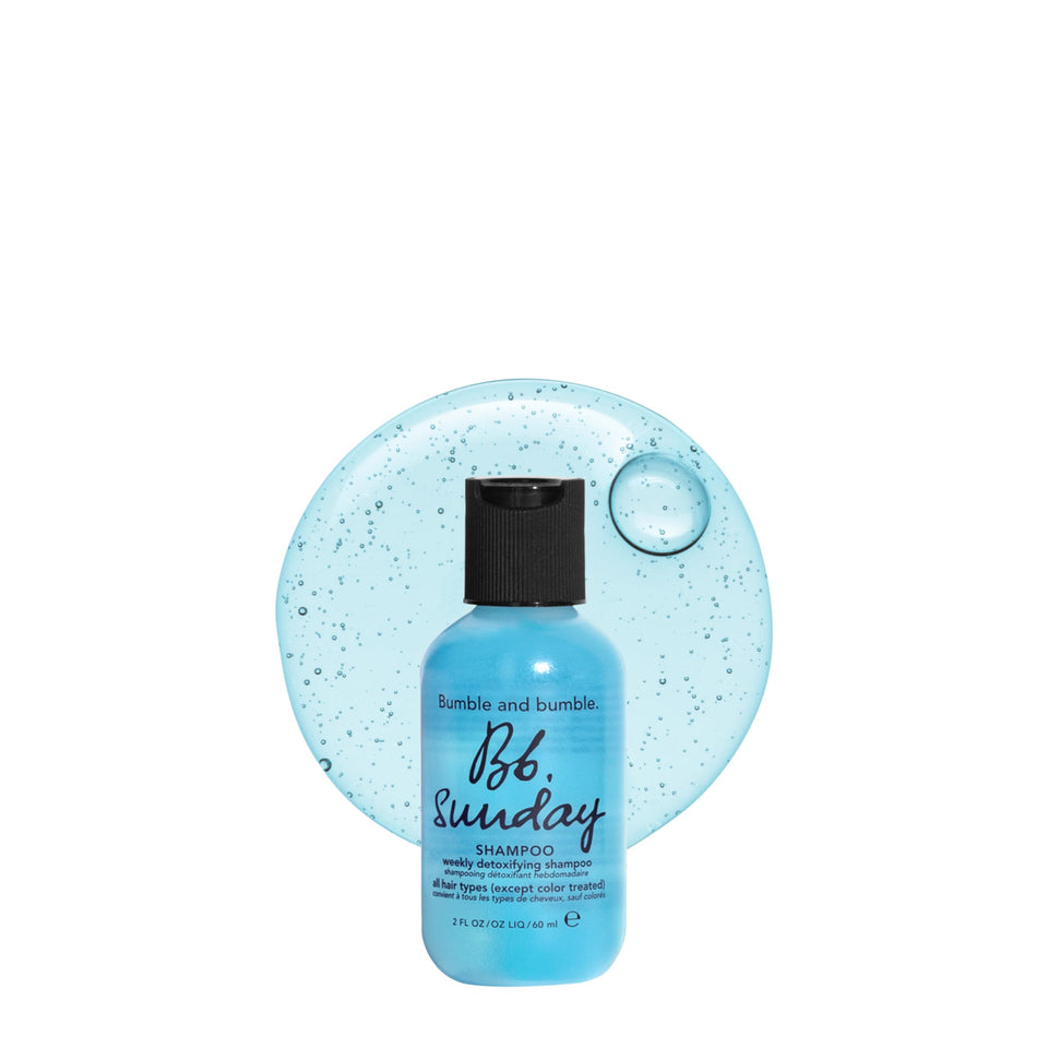 Bumble and bumble front packaging showing travel-size bottle and label benefit
