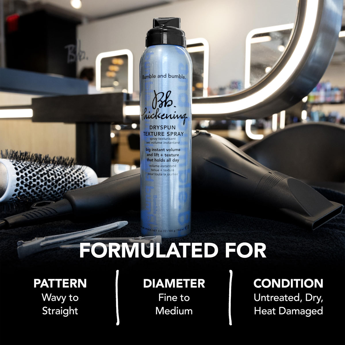 Bumble and bumble application at roots on dry hair showing instant lift and added volume