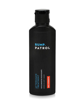 Bump Patrol bottle on bathroom counter for daily grooming routine