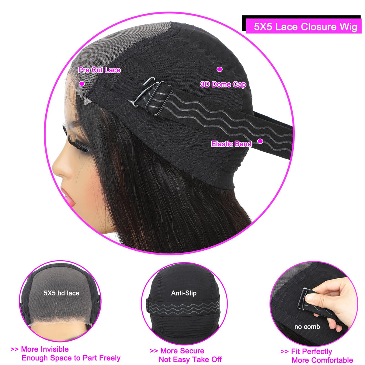 bunGiol close-up of 5x5 HD lace closure revealing invisible part for realism