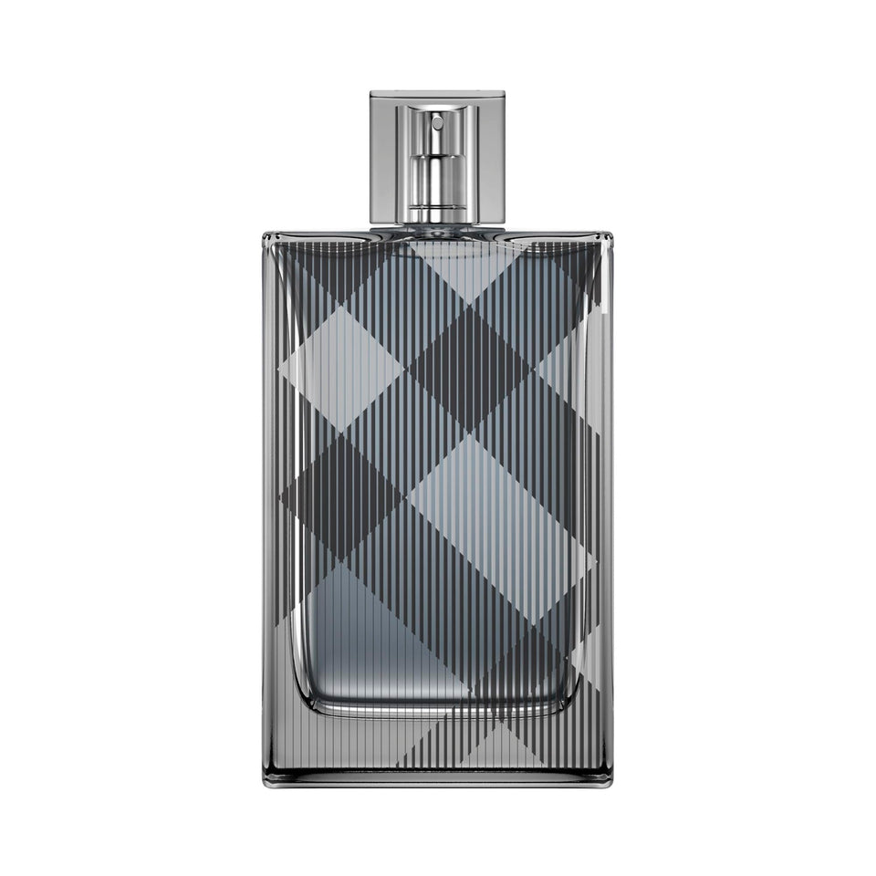 Burberry Brit for Him front bottle showing iconic Brit check and sleek design benefit: instant brand recognition