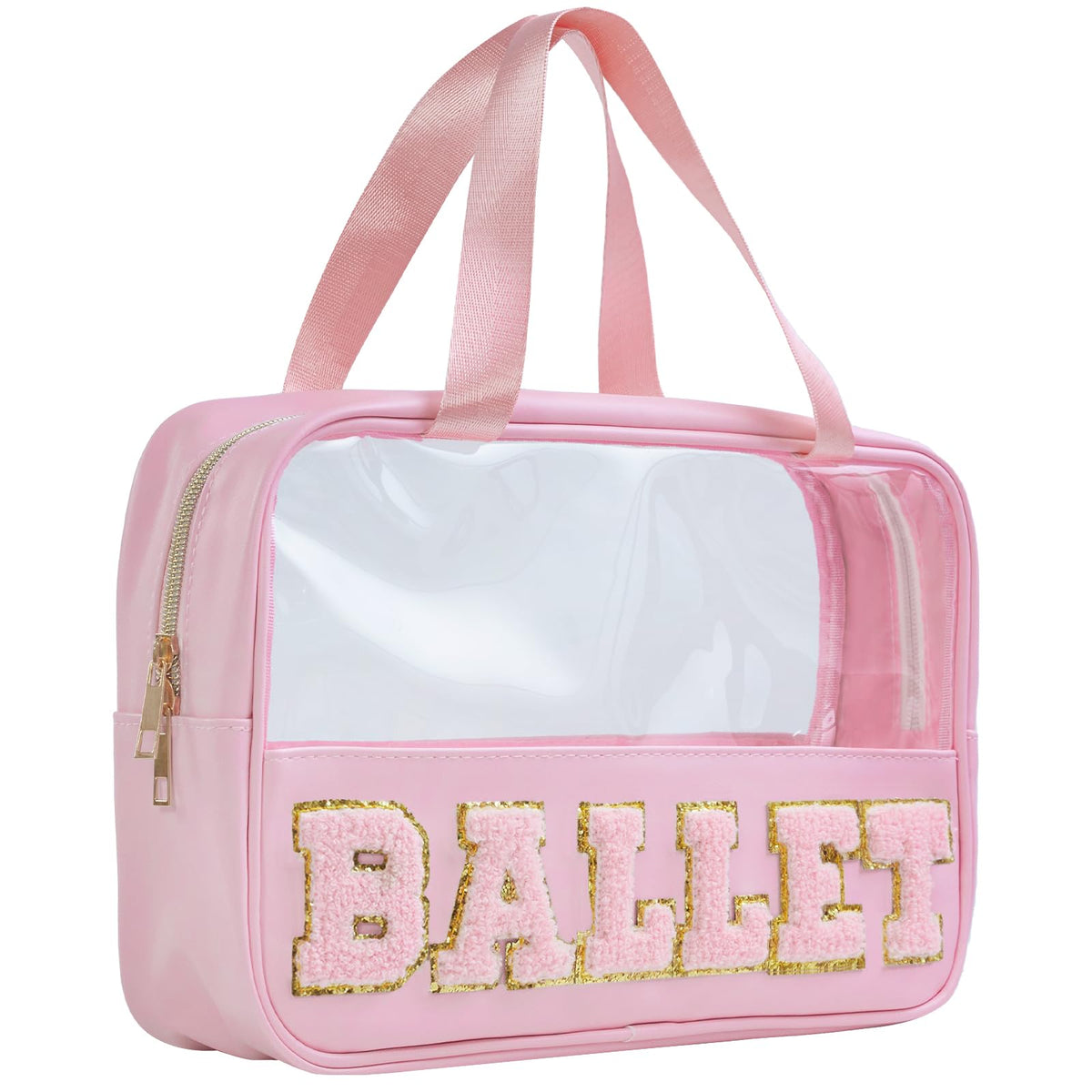Burskit ballet bag front view showing clear waterproof pouch and chenille lettering benefit quick organization