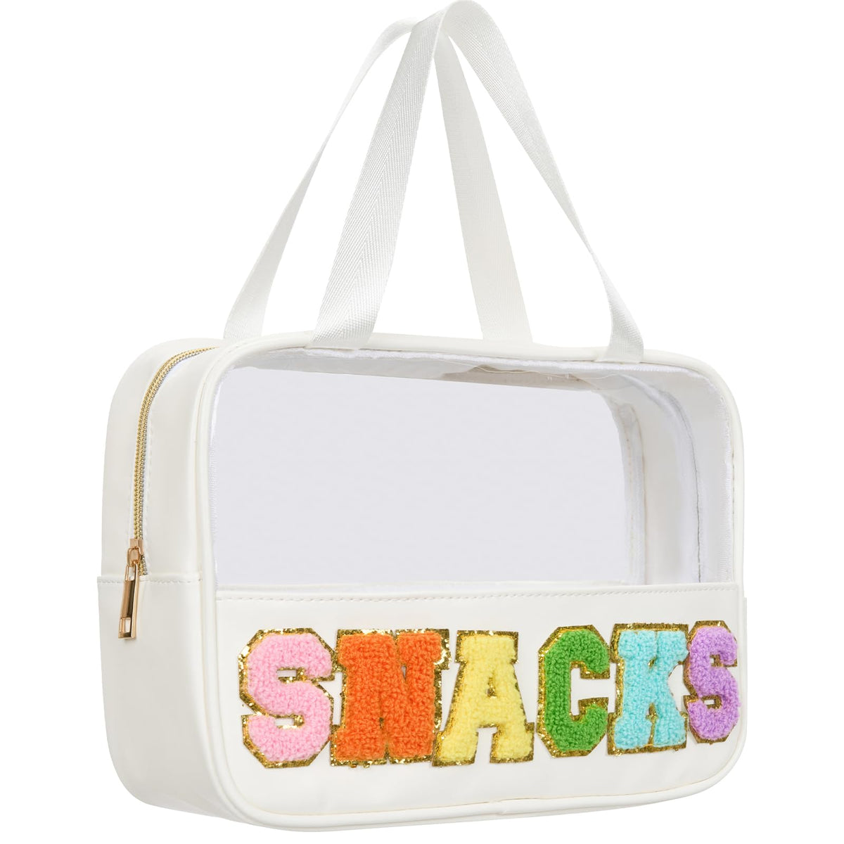 Burskit clear pouch front view showing transparent storage and chenille letter for quick access