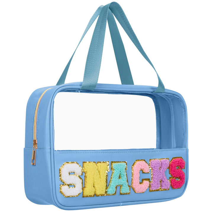Burskit clear snack bag front view showing blue chenille letters and visibility benefit