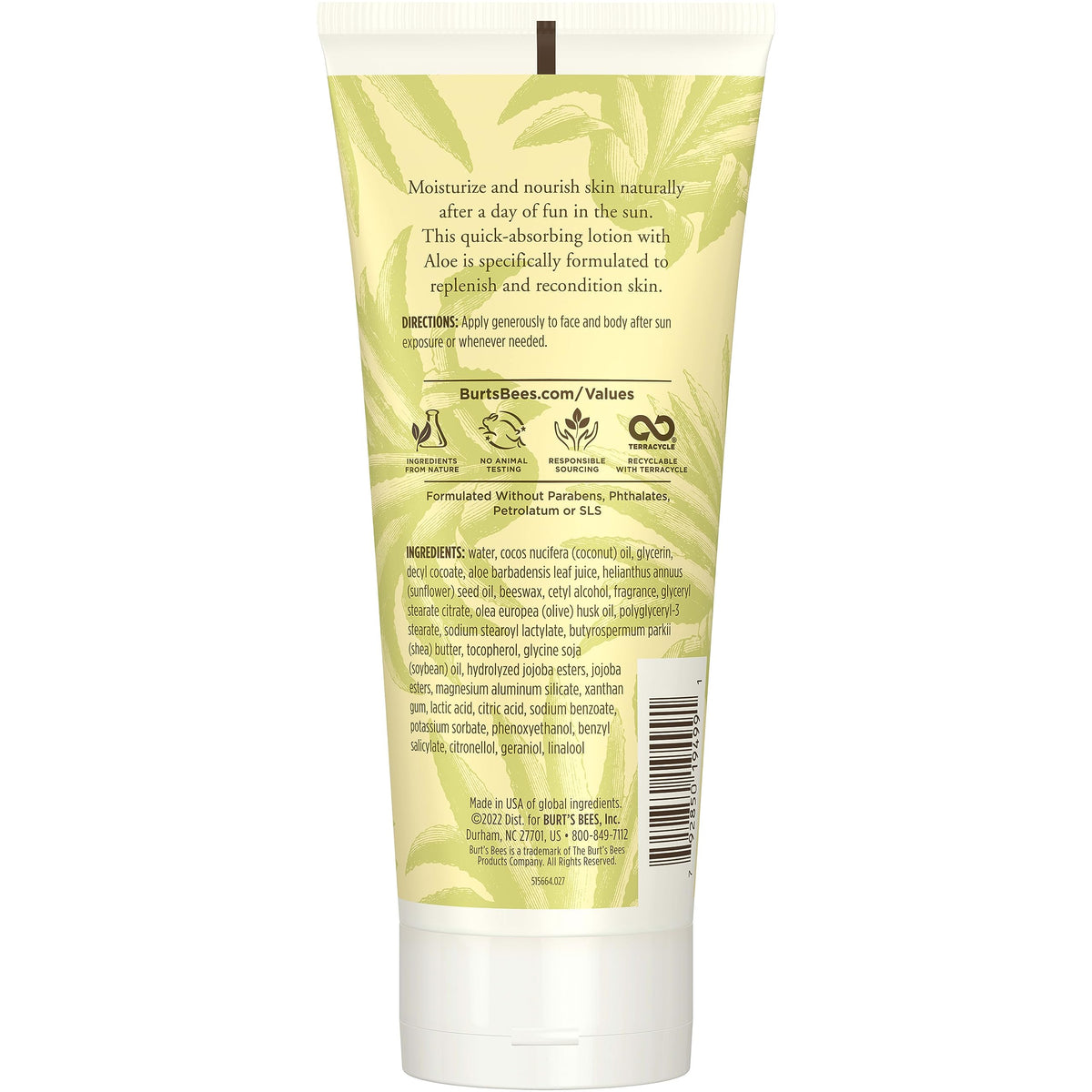 Burt's Bees bottle in beach scene conveying post-sun soothing use