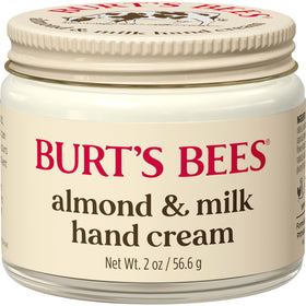Burt's Bees front tube showing almond hand cream branding and compact size benefit
