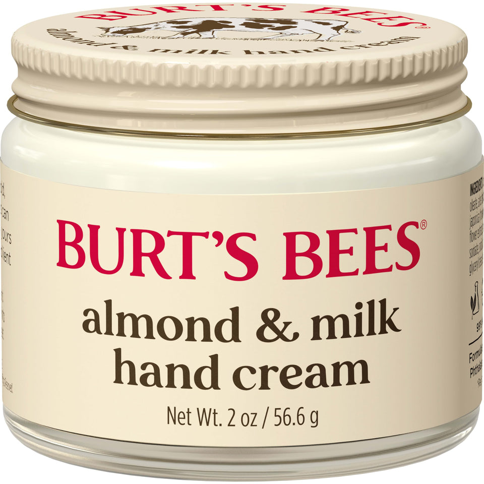 Burt's Bees front tube showing almond hand cream branding and compact size benefit