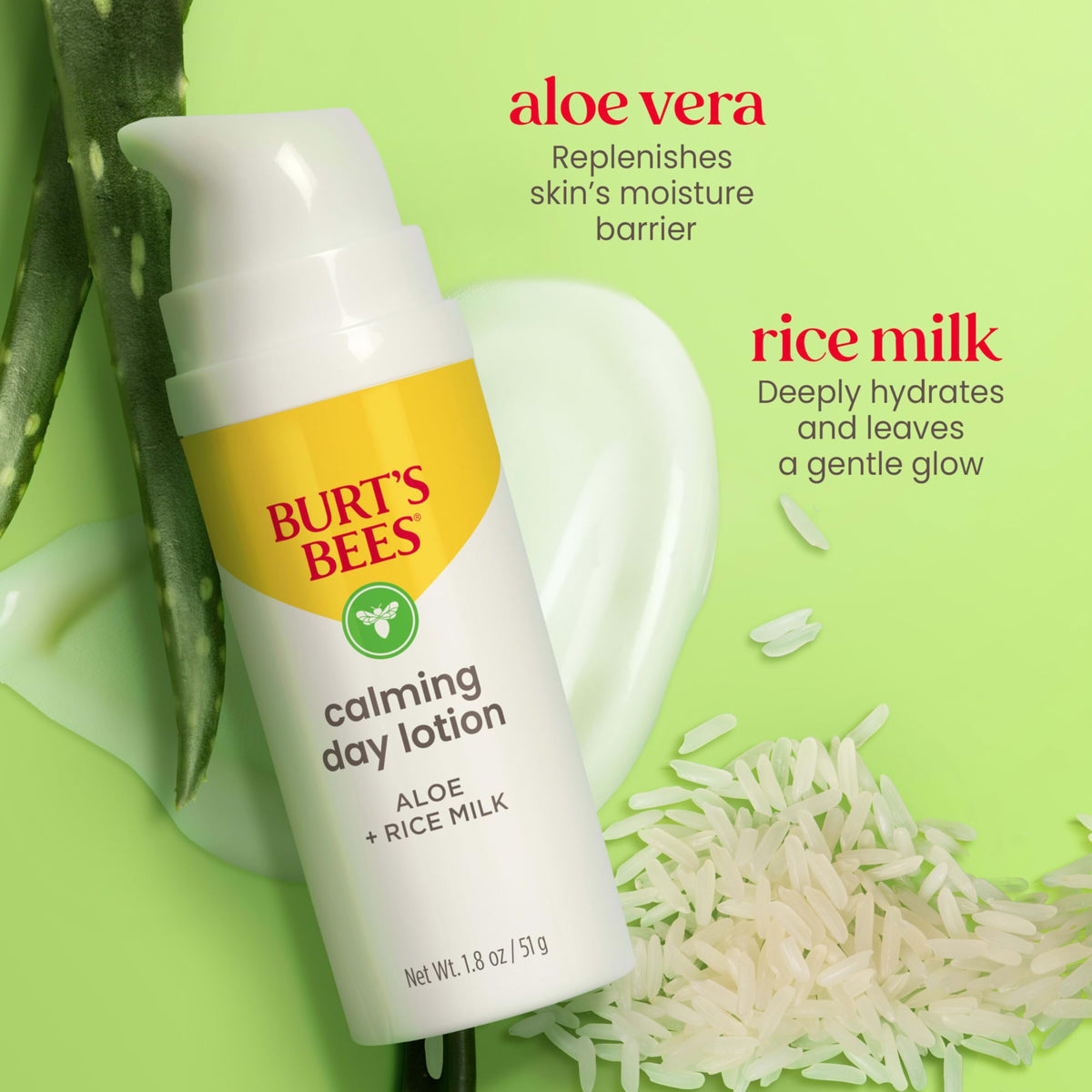 Burt's Bees ingredients display with aloe and rice milk for soothing benefits