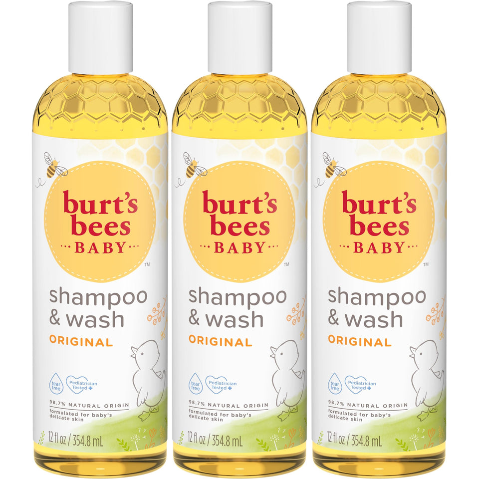 Burt's Bees front packaging showing three 12 oz bottles and benefits