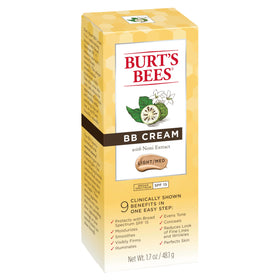 Burt's Bees BB Cream on bathroom vanity with flowers, lifestyle routine and natural care benefit