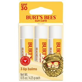 Burt's Bees front packaging showing three balm tubes and SPF protection benefits