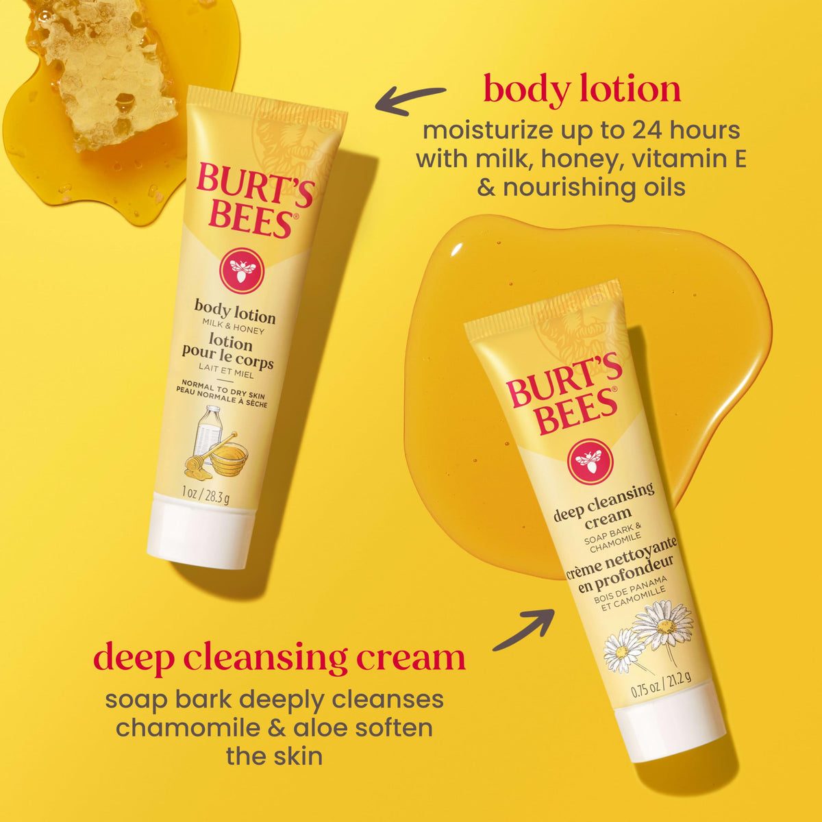Burt's Bees milk and honey body lotion pouring for lightweight hydration
