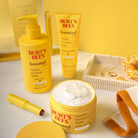 Burt's Bees lotion styled on bathroom shelf suggesting easy integration in routines
